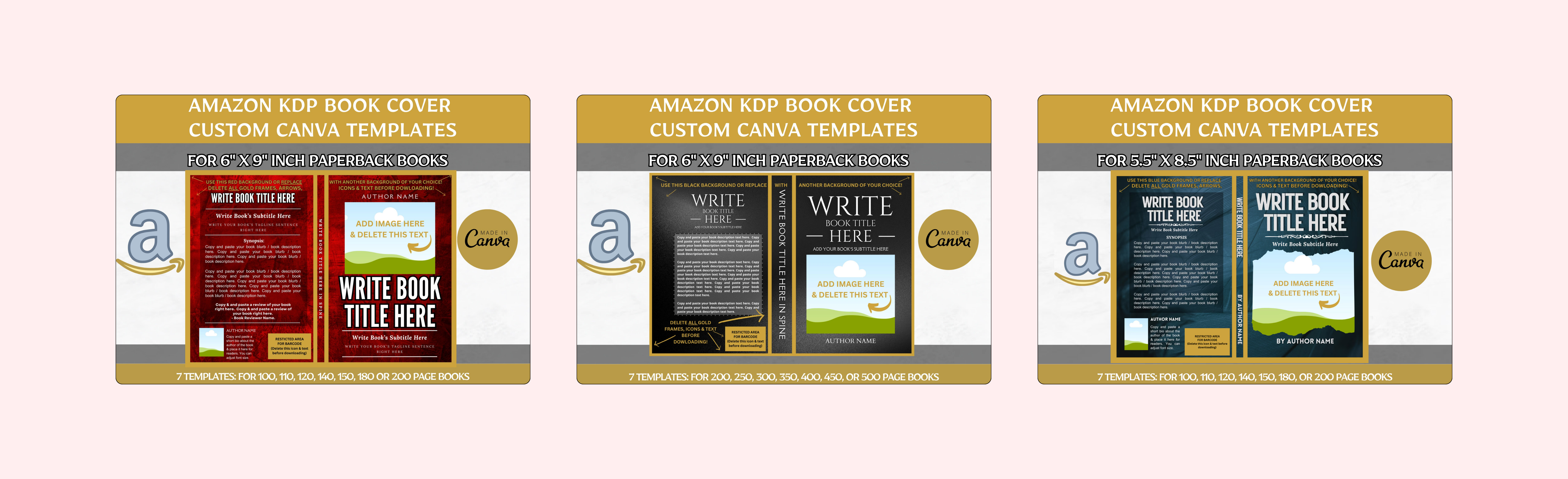 Editable Canva Book Cover Templates, 6x9 inch; Paperback Amazon KDP Book Cover Template Bundle for 100, 110, 120, 140, 150, 180, 200 Page Books, Editable Book Cover, kdp Book Template, Book Cover Template, kdp Template, Canva Book Template, kdp Book